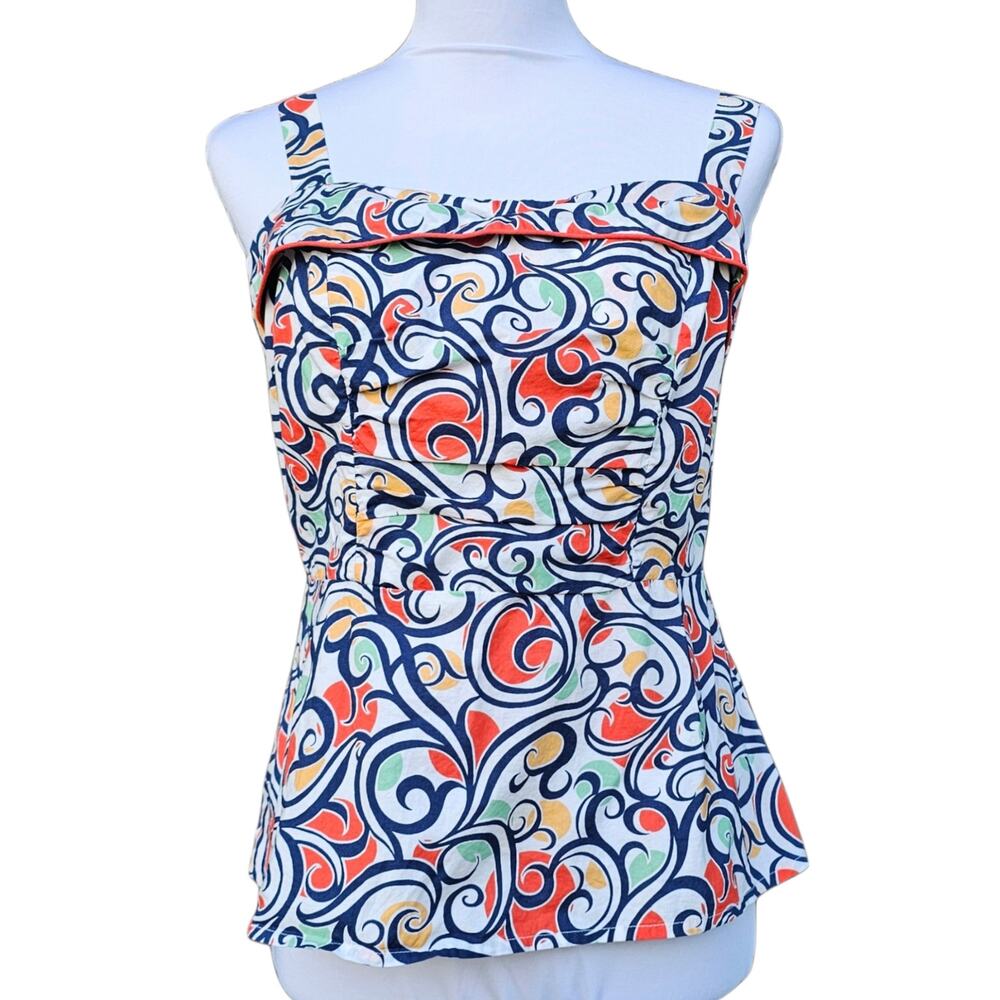 CAbi Keepsake Cami Swirl Print Tank Size 6 Cotton White Orange Smocked Back Zip